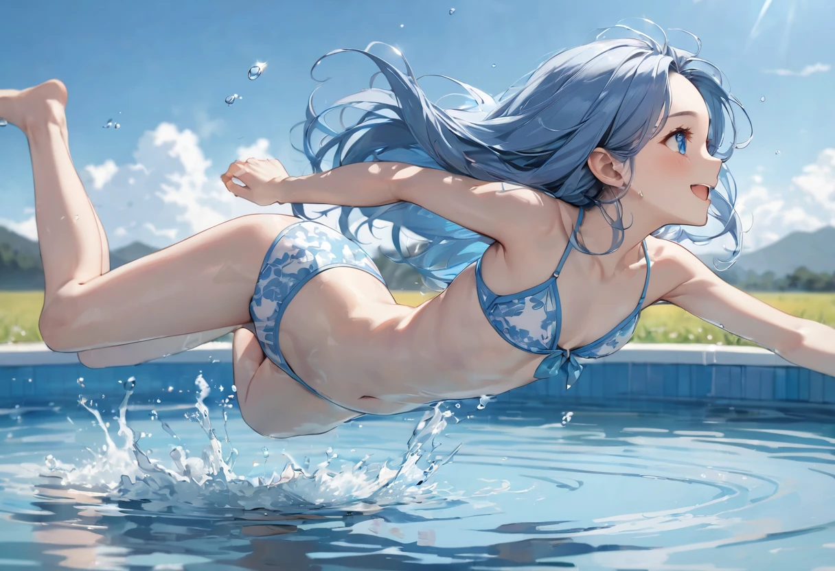 panoramic, (profile Acrobatic style) (High above Water Surface jumping Somersault:1.2), (solo:2, 15 yo), (beautiful forehead), (beautiful detailed blue hair long hair), (best cute girl, immensely cute blue eyes, smile, small tits), in a cute bikini, break, in the open field Large leisure pool, background beautiful water, BREAK, perfect anatomy, masterpiece, best quality, 16k, beautiful detailed grow, daydreaming expression.