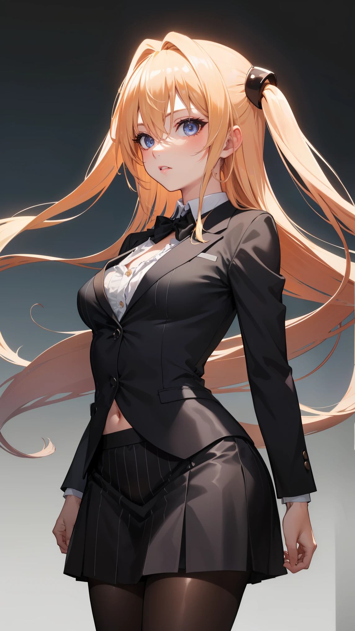 1girl,   golden_darkness, long hair, very long hair, two side up, hair ornament, medium breasts, hair intakes, hair between eyes, golden_darkness, long hair, very long hair, two side up, 
BREAK (pinstripe suit, black suit, collared shirt, pinstripe skirt, black pantyhose:1.2), BREAK Face forward and show your navel to this side、standing straight ahead.Front Angle、lowrise.Midriff、Expand the navel with your fingers、Navel,
BREAK (masterpiece:1.2), best quality, high resolution, unity 8k wallpaper, (illustration:0.8), (beautiful detailed eyes:1.6), extremely detailed face, perfect lighting, extremely detailed CG, (perfect hands, perfect anatomy),