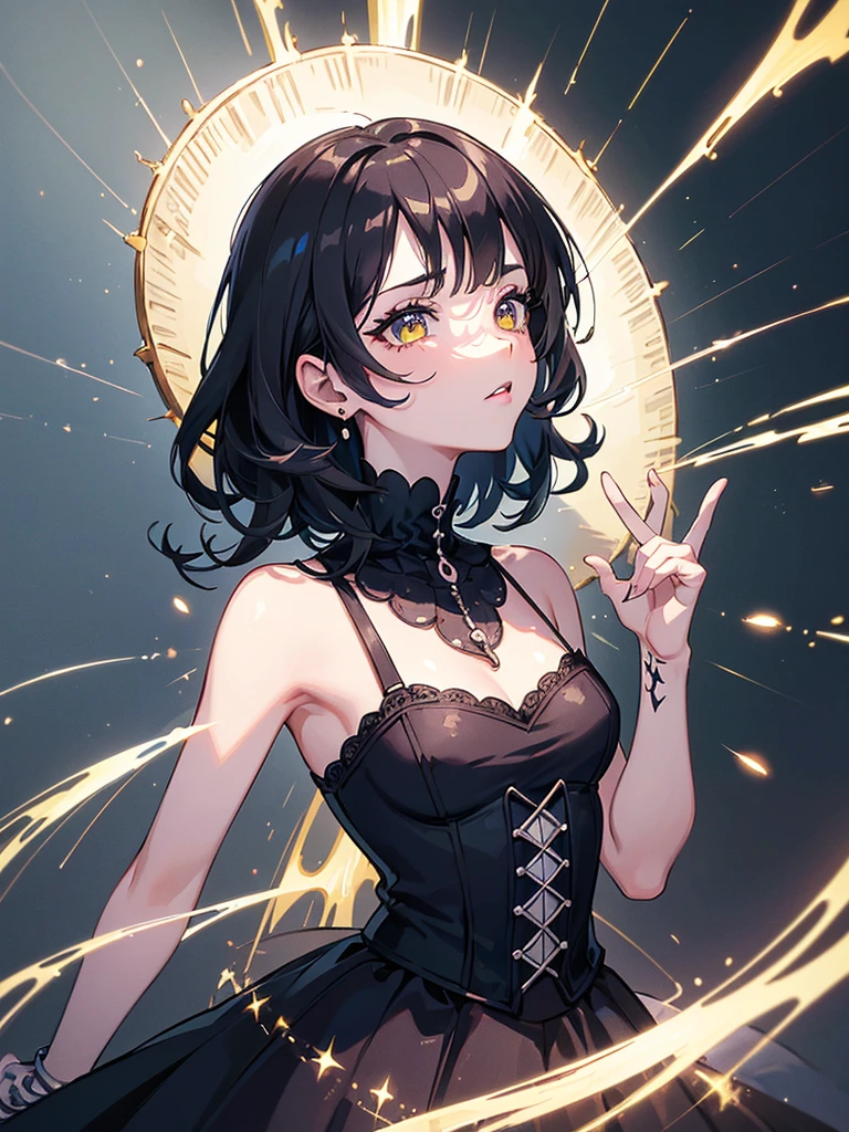 very cute girl、dark brown hair、short hair、Dark Brown Eyes、big cute eyes、slim body、Ordinary breasts、thin arms、slim legs、white skin、smile、open your mouth、Vibrant magical girl costume、vivid background、14 years old、