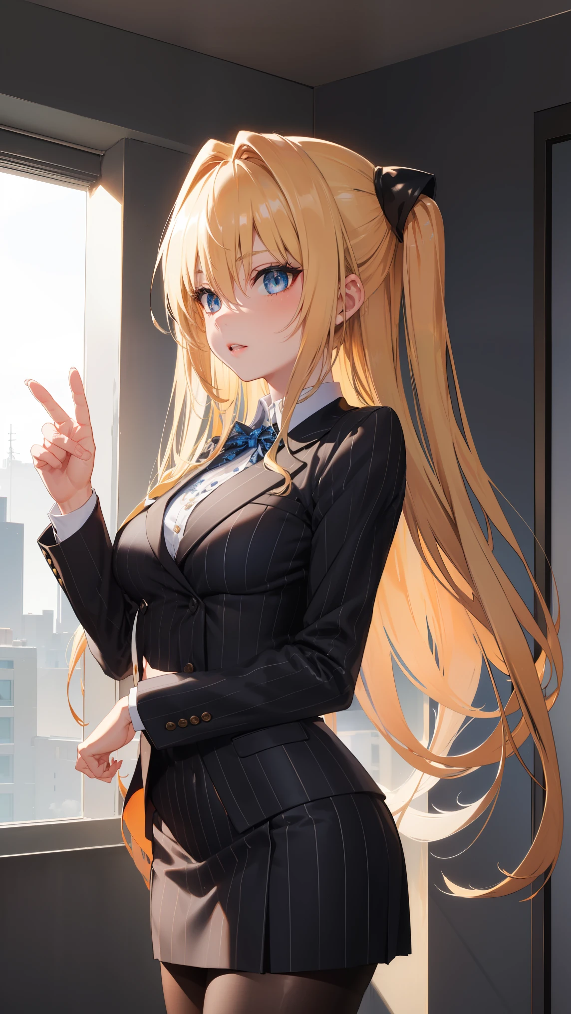 1girl,   golden_darkness, long hair, very long hair, two side up, hair ornament, medium breasts, hair intakes, hair between eyes, golden_darkness, long hair, very long hair, two side up, 
BREAK (pinstripe suit, black suit, collared shirt, pinstripe skirt, black pantyhose:1.2), BREAK Face forward and show your navel to this side、standing straight ahead.Front Angle、lowrise.Midriff、Expand the navel with your fingers、Navel,
BREAK (masterpiece:1.2), best quality, high resolution, unity 8k wallpaper, (illustration:0.8), (beautiful detailed eyes:1.6), extremely detailed face, perfect lighting, extremely detailed CG, (perfect hands, perfect anatomy),