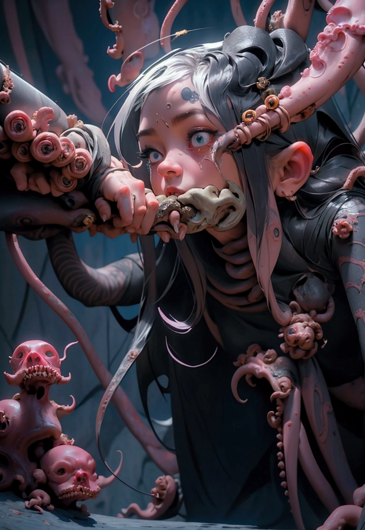 In the dungeon，Rough，Covered with tentacles, tentacles around, many tentacles, Fine details，Bound by tentacles，Tied by tentacles，被中出，In drooling，Crying，teens girl