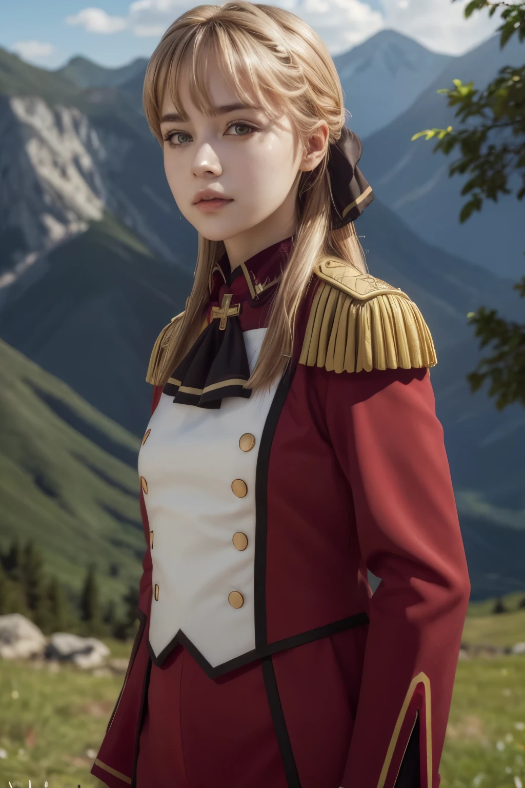 ((masterpiece, high quality, highres,))
outdoors,looking at viewer, 
Liscia, red uniform,  