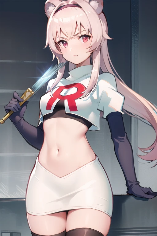 best quality,1girl,normal,cowboy shot,holding sword, team rocket,team rocket uniform,white skirt,red letter R,crop top,black thigh-highs,black elbow gloves