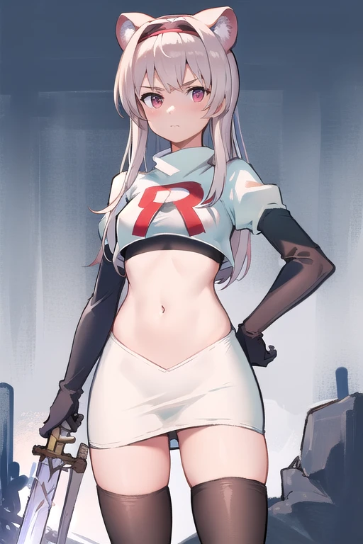 best quality,1girl,normal,cowboy shot,holding sword, team rocket,team rocket uniform,white skirt,red letter R,crop top,black thigh-highs,black elbow gloves