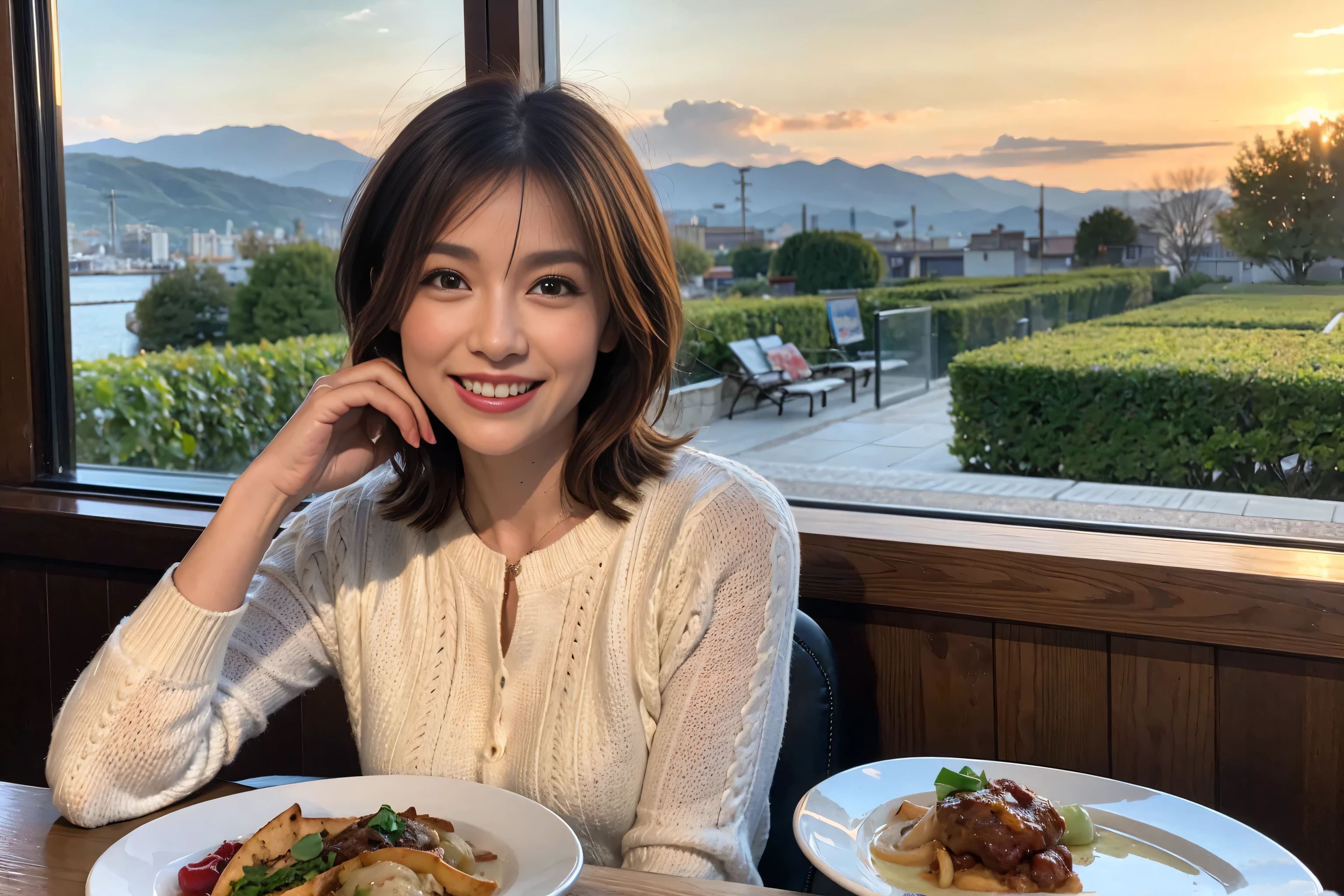 (Realistic:1.1),(masterpiece,Highest quality),8k,(49 years old), 53 years old, slimカップル、Tight waist,Upper Body,full-course dinner、wine 、Amazing view of the sunset sky and clouds、Perfect Anatomy, Brown Hair, short hair,Random Hairstyles,((Highly detailed face and eyes:1.2)),Perfect golden ratio face,Long sleeve shirt、dress,(smile:1.2)、Shortcuts、cute、(Realistic, Intricate details:1.2), A bright smile、short hair,Bright Face、赤wine 、Appetizers、Italian food、wine bottle、Champagne、スパークリングwine、(slimな顔), (The body is slim), (Brown Hair), (Shortcuts), Upper Body, 白wine, slim, wineグラス,
