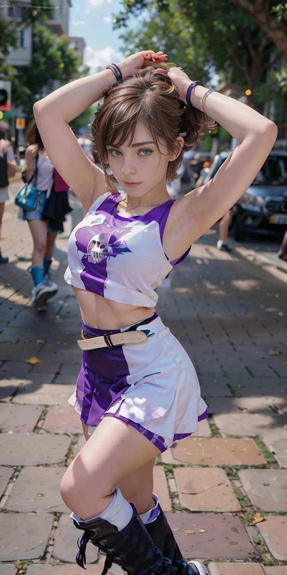 Photo of a 17-year-old European girl, .RAW, beautiful woman,pecas en mejillas ,hermosos ojos azules(Light brown hair pixie haircut),corte de cabello pixie ((retrato)), ((Cara detallada:1.2)), ((Detailed facial features)), (Piel finamente detallada), Pale skin,parque, Noria de Londres、Purple sleeveless t-shirt with skull image ,senos grandes , Lilac skirt with checkered images, Loose white belt, Long boots with heels ,lindo maquillaje, Purple eyeshadows on eyelids ,Un sexy(cool color), humid, humid, Reflectores, (Masutepiece) (proporciones perfectas)(fotos realistas)(La mejor calidad) (Detallado) fotografiado con una EOS R5 de Canon, Lente de 50 mm, f/2.8, NffSW, (8k) (papel tapiz) (cinematic lighting) (Dramatic lighting) (sharp focus) (Enrevesado) moda
