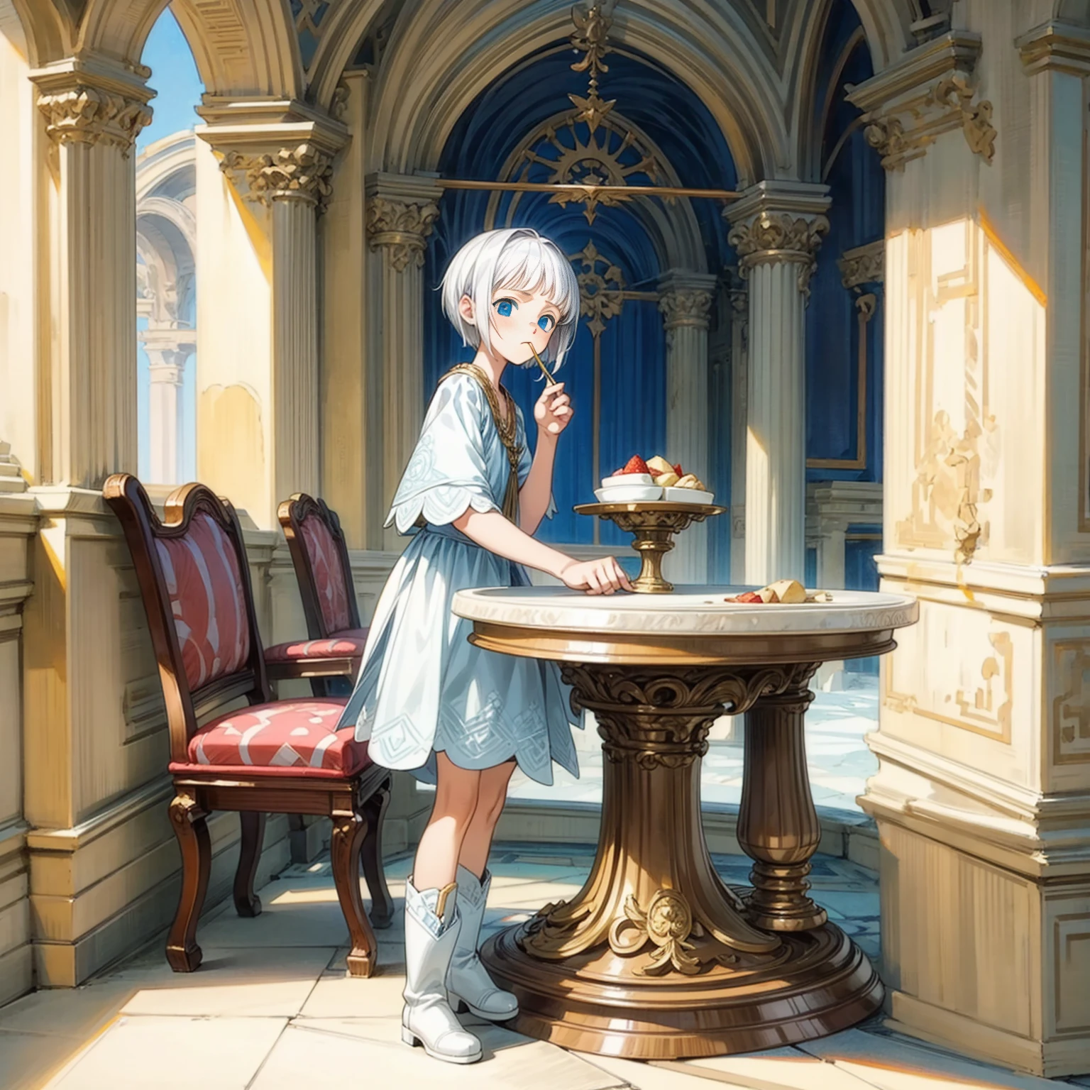 Solo character,  girl, full body version, white hair, short haircut, blue eyes, Ancient greek tunic clothing, white color clothing, boots, Grassroots, full background in indoor Castle, (one piece style art), eating food gesture in dining table, sad eyes