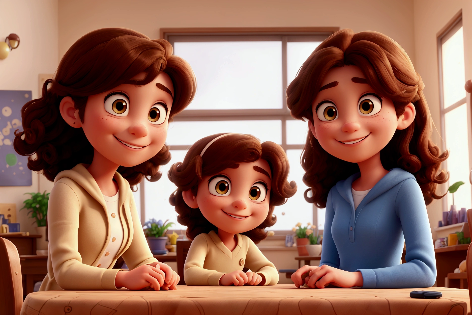 Illustration of a couple in their forties, And a beautiful college girl and a young girl, highlighting a man and a woman with beautiful expressive eyes - the man&#39;s skin is brown and the man&#39;s hair is military and black., While women&#39;s skin is brown and women&#39;s hair is curly and brown. It is a bright, white room, decorated with plants, Daylight, all of them with a smile on their faces, The colors are so beautiful, share a special moment marked by love, ideas. Illustrate this scene from a perspective where they are all facing the camera, Smile and show your connection. Develop this art in full HD, Focus on your cinematic touch, Disney Pixar animation style
