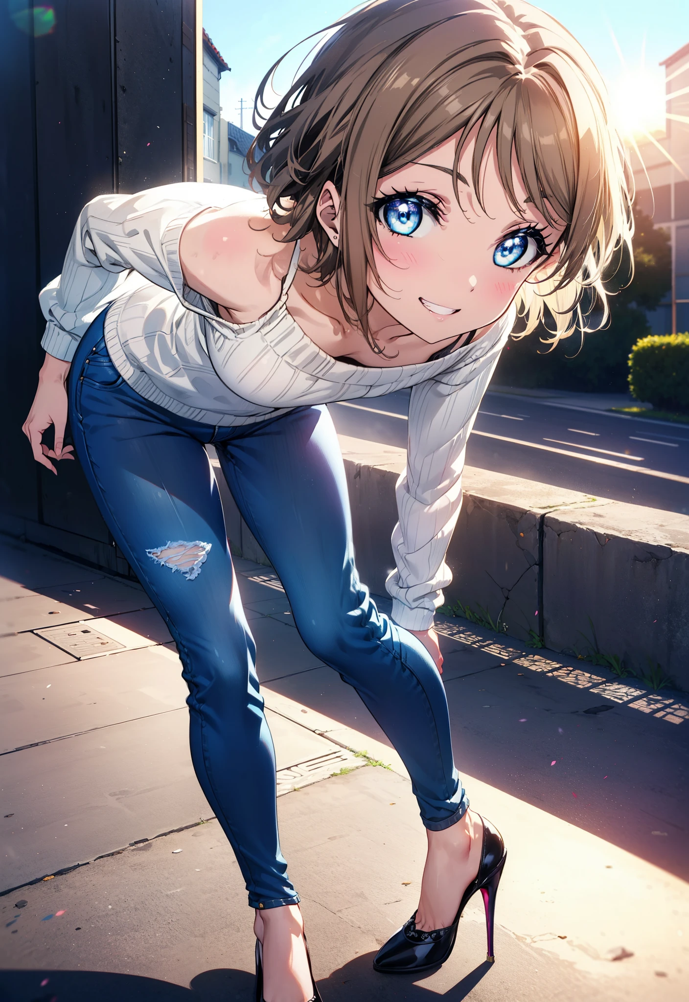 Yo Watanabe, Watanabe Yo, short hair, blue eyes, Brown Hair, smile, Grin,One-shoulder sweater,Skinny jeans,Stiletto heels,Walking,morning,morning陽,The sun is rising,whole bodyがイラストに入るように,
break outdoors, ビル街
break looking at viewer, whole body,
break (masterpiece:1.2), Highest quality, High resolution, unity 8k wallpaper, (figure:0.8), (Beautiful attention to detail:1.6), Highly detailed face, Perfect lighting, Highly detailed CG, (Perfect hands, Perfect Anatomy),