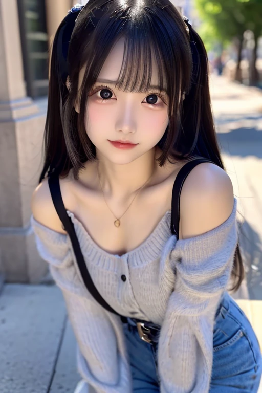 ((The photo is from the thighs up))、Highest quality、High resolution、超High resolution（Real：1.4）、((jirai kei、Off the shoulder))、(School:1.3)、18-year-old、Japanese women、Small breasts、(looking at the camera)、Cute round face、smile、((Shiny gray hair))、looking at the camera、Sparkling eyes、Lips shining with lip gloss、Natural light、(()）、Flat breasts、Small breasts、(smallバスト:1.4)、smallバスト、(slim、small、Flat、small)、thin、Delicate and sexy collarbone、One Girl、(beautiful girl、Delicate girl:1.3)、(18-year-old:1.3)、Very beautiful eyes、(Symmetrical eyes:1、Brown eyes、Parted bangs、(Eye and facial details:1.0) )、Real実写、Photogenic transparency、Detailed eyes、Gradation、Perfect anatomical figure、Woman with perfect body、Highly detailed skin、Highly detailed face、Beautiful eyes in every detail、Background Blur、Sexy pose、