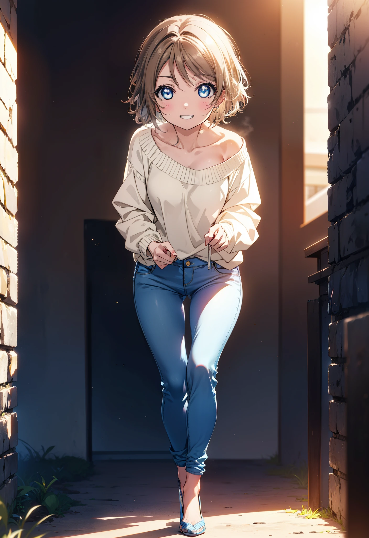 Yo Watanabe, Watanabe Yo, short hair, blue eyes, Brown Hair, smile, Grin,One-shoulder sweater,Skinny jeans,Stiletto heels,Walking,morning,morning陽,The sun is rising,whole bodyがイラストに入るように,
break outdoors, ビル街
break looking at viewer, whole body,
break (masterpiece:1.2), Highest quality, High resolution, unity 8k wallpaper, (figure:0.8), (Beautiful attention to detail:1.6), Highly detailed face, Perfect lighting, Highly detailed CG, (Perfect hands, Perfect Anatomy),