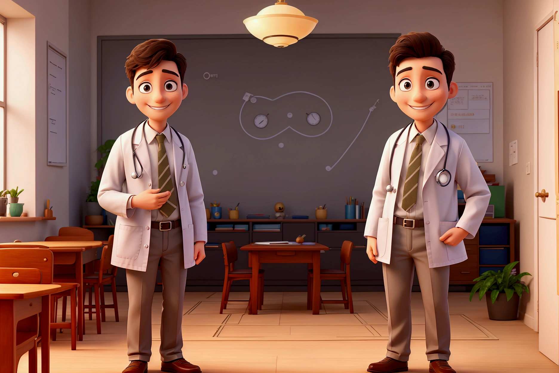 At home, a smiling teacher stands with a male doctor