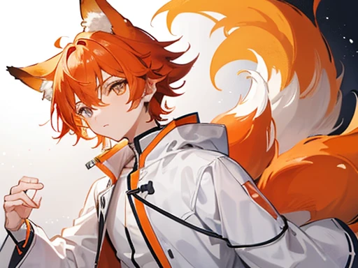 Boy with orange hair fox ears and fox tail wearing white lab coat