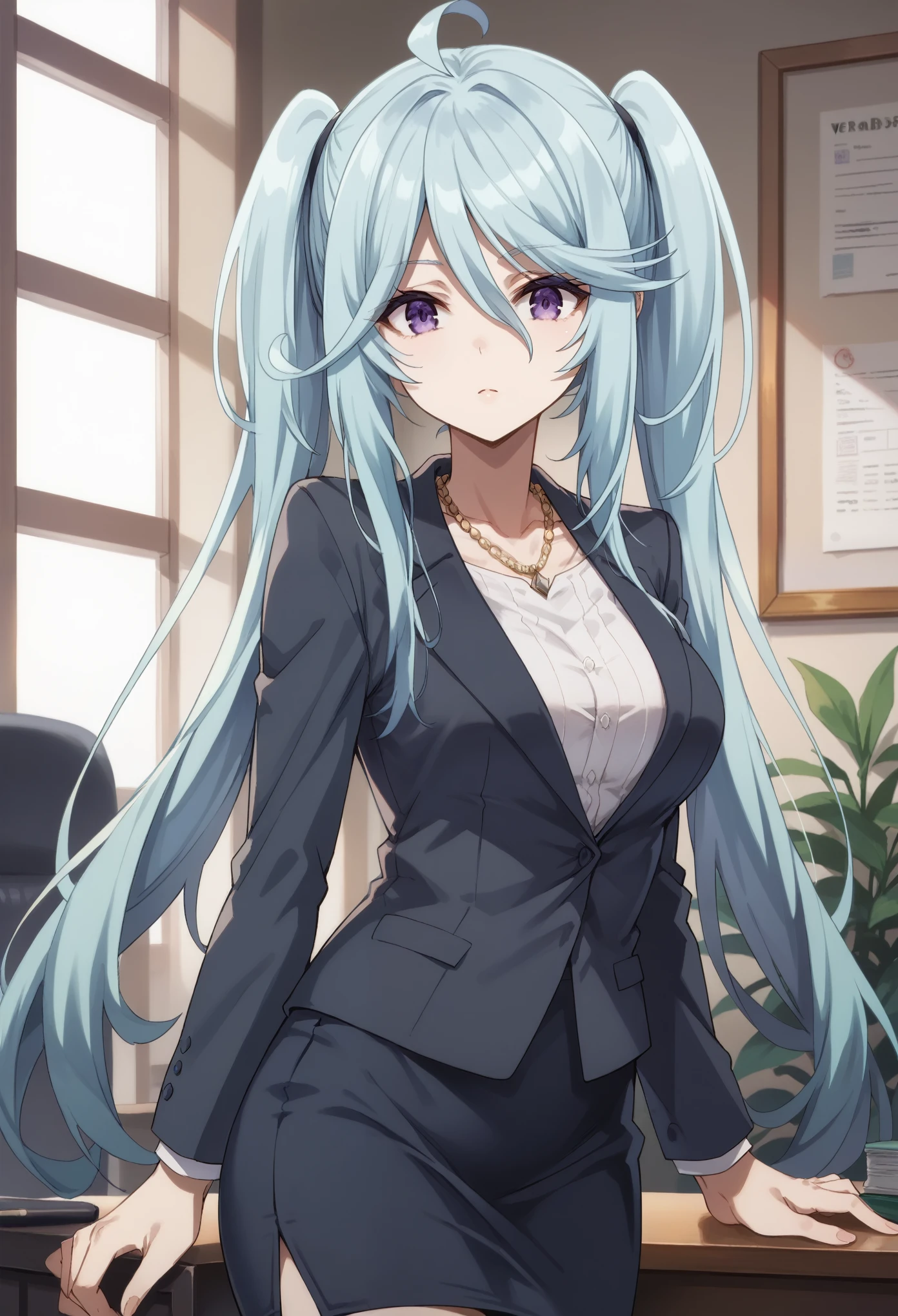 1girl, solo, long hair,blue hair,purple eyes,twintails, looking at viewer, bangs, hair between eyes, medium breasts, ahoge, formal, office uniform, suit,  jewelry, necklace, pencil skirt, skirt, vera_rustamova