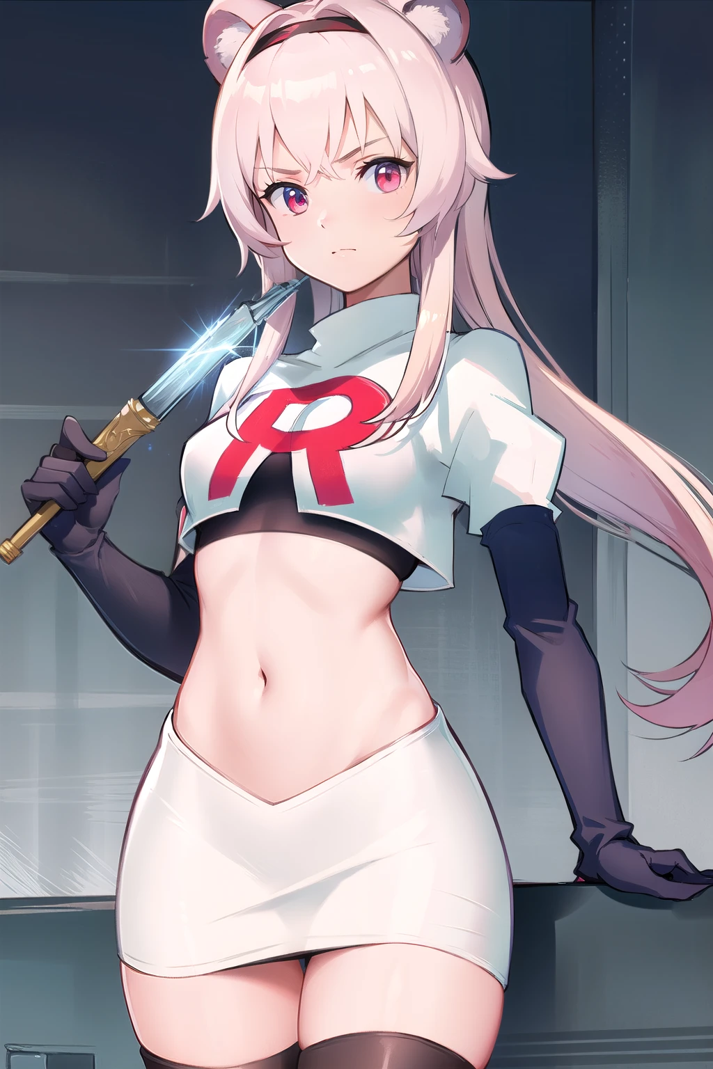 best quality,1girl,normal,cowboy shot,holding sword, team rocket,team rocket uniform,white skirt,red letter R,crop top,black thigh-highs,black elbow gloves