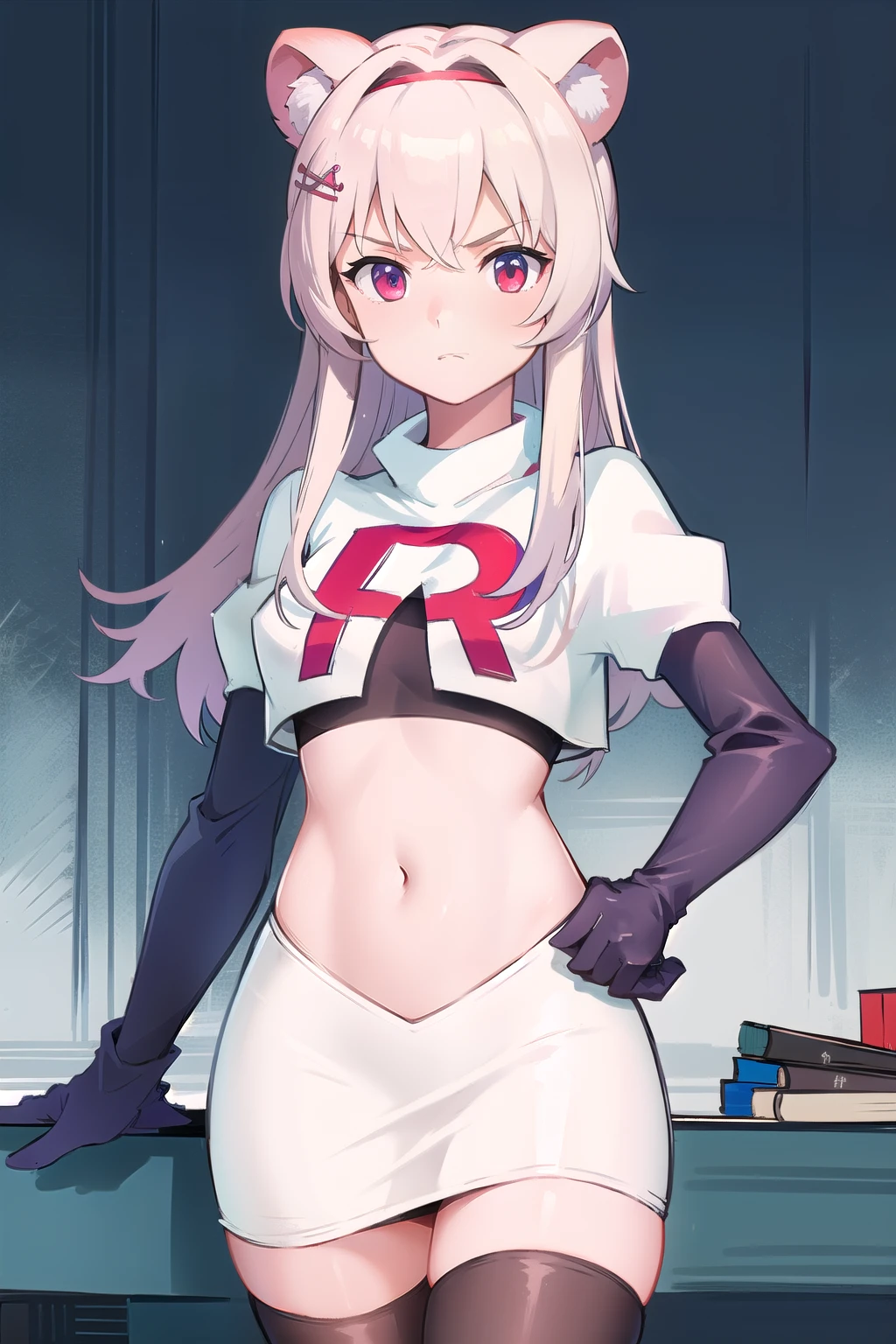 best quality,1girl,normal,cowboy shot,holding sword, team rocket,team rocket uniform,white skirt,red letter R,crop top,black thigh-highs,black elbow gloves