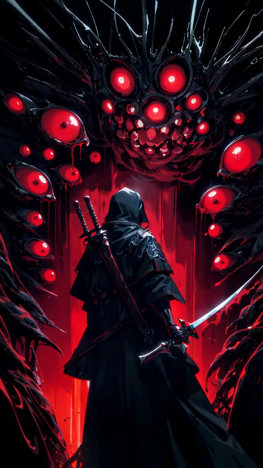A cloaked figure faces a monstrous entity with numerous glowing red eyes in a dark, alien landscape. The figure wields two swords, and the creature seems to be observing or judging them. The scene is filled with dark tones, with red and black ting the palette, creating a sense of mystery and unease, ((Best quality)), ((masterpiece)), (detailed:1.4), fighting (High Dynamic Range), Super-Resolution, ,Subsurface scatte, PBR Texturing, Post-processing,Anisotropic Filtering, Depth-of-field, Maximum clarity and sharpness, Multi-layered textures, Albedo and Specular maps, Surface shading, Accurate simulation of light-material interactioproportions, Octane Render, Two-tone lighting, Wide aperture,Low ISO, White balance, Rule of thirds