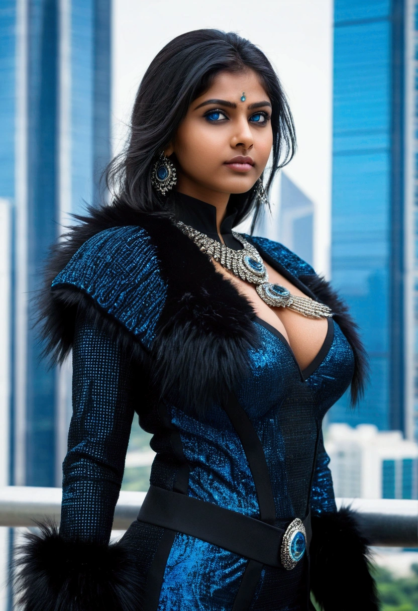 Beautiful big busty Indian girl, blue eyes, black fur, 8k, 18 years, beautiful face, Whole body, cyber outfit, futuristic skyscraper.