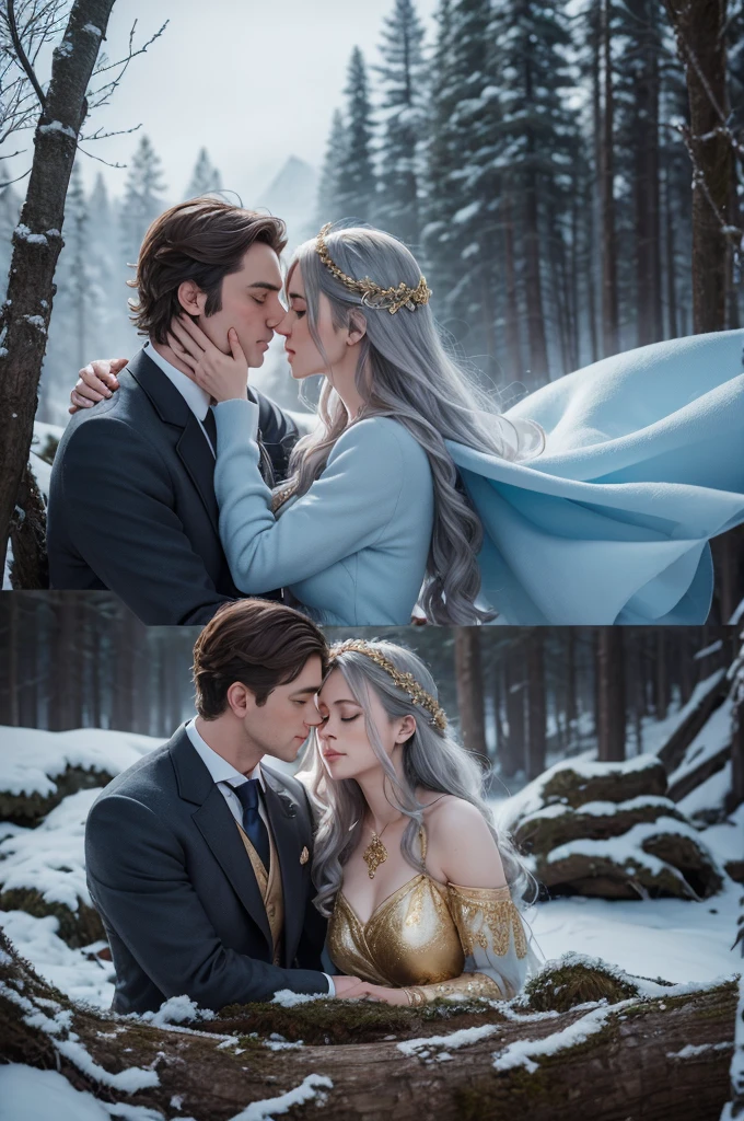 The image shows a couple in a fairytale setting, with a winter atmosphere in the background. The woman has silvery gray hair and wears a light blue dress with gold details.. The man has brown hair and wears a dark suit with gold ornaments.. They have their eyes closed, with their foreheads touching, almost kissing, in an intimate and romantic moment. Ao fundo, there&#39;s snow falling and a castle, with red roses beside.