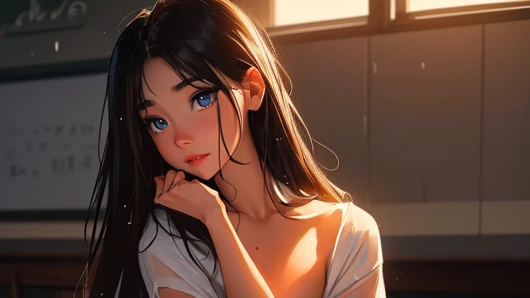 **reminiscence of an ugly girl in summer blooms wallpapers, in the style of vibrant caricatures, realistic hyper-detailed rendering, anime art, dark cyan and red, flickr, pensive portraiture, cartoonish innocence show big  with cleavage