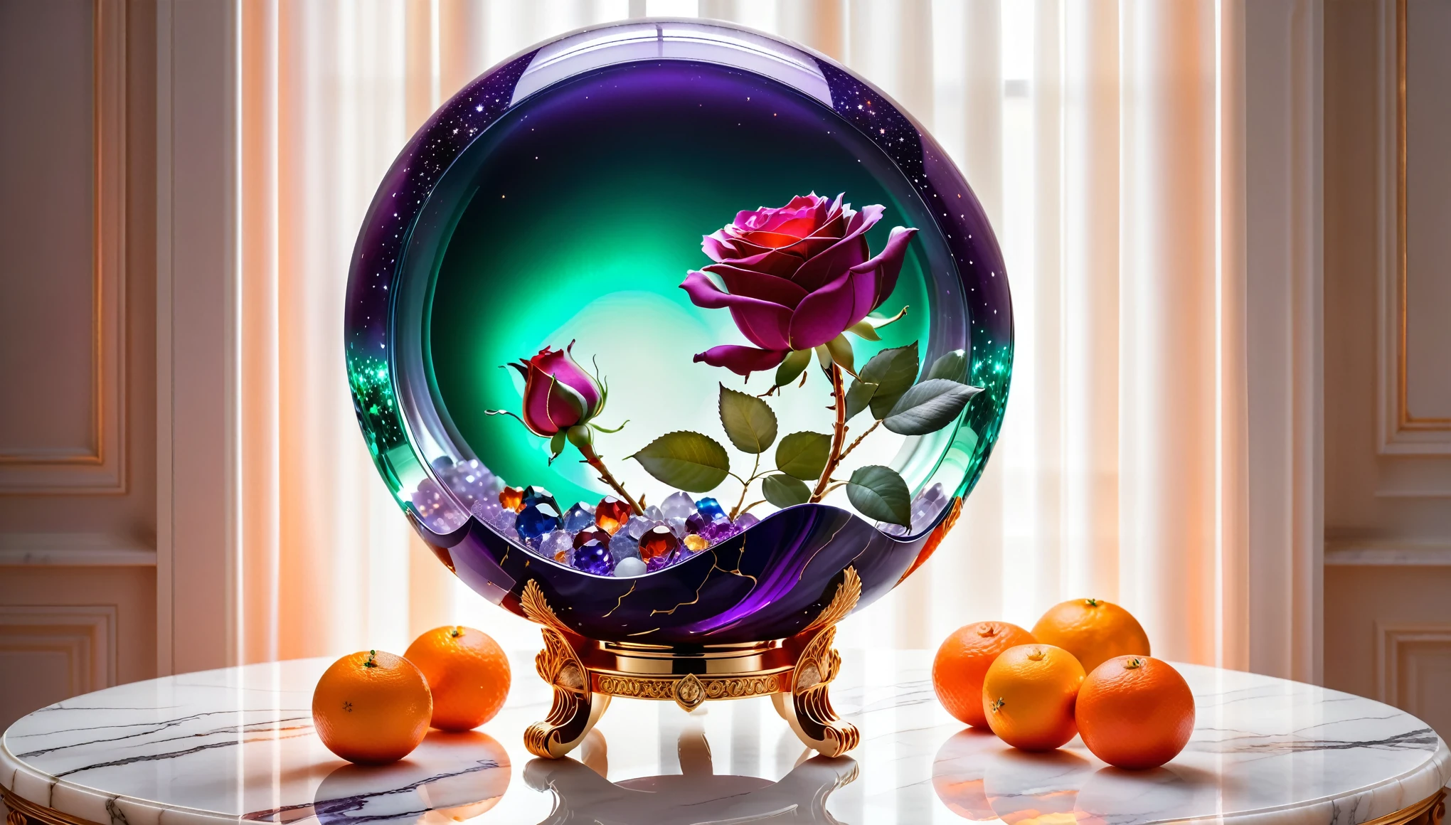 Starry sky in the ring,The sheen,inverted image,Sparkling gemstones,Elegant and noble,simple backgound, minature sun on a pedestal. oranges on a white marble table, mist in background, 8k, photography style,a clear glass vase with orange bioluminescent fluid in them, on a white marble table, large red rubies and emeralds, fine jewels, scattered on the table, deep purple velvet drapes, bioluminescent, colorfull, glow, fluid, glowing, Appetizing, professional, culinary, high-resolution, commercial, highly detailed,neon hue, full of color, there are 12 white roses in a marble and gold vase, sunlite background, radiant sunlight, 8k