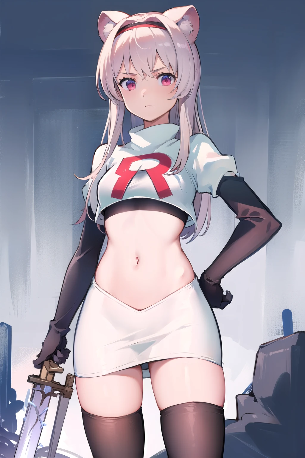 best quality,1girl,normal,cowboy shot,holding sword, team rocket,team rocket uniform,white skirt,red letter R,crop top,black thigh-highs,black elbow gloves