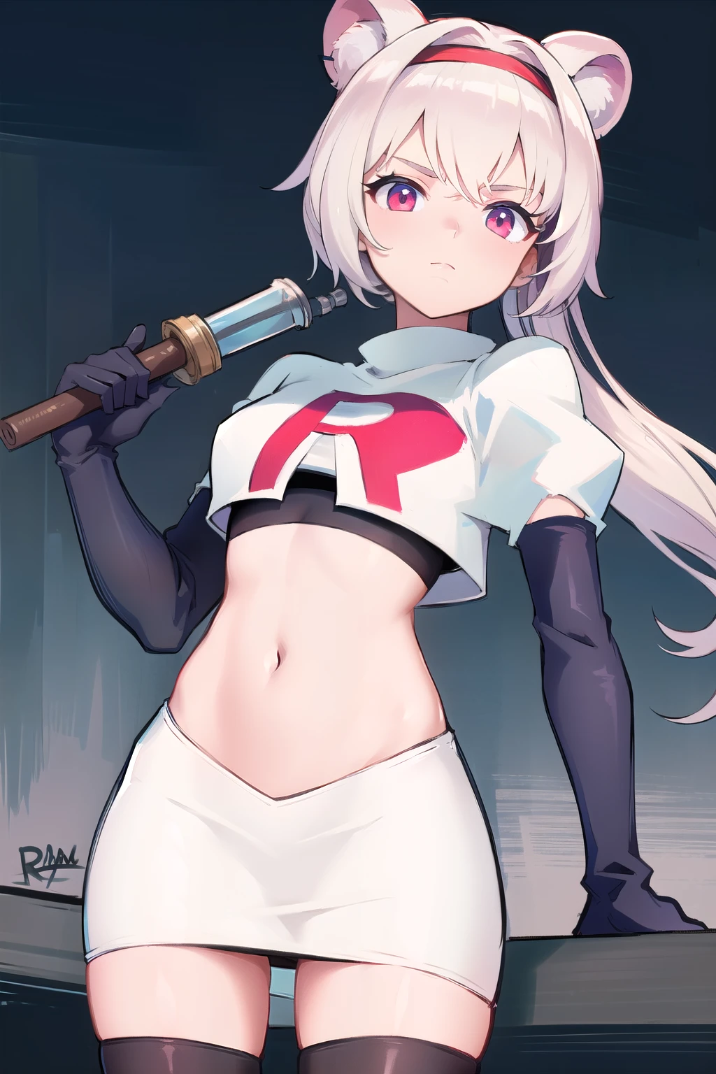 best quality,1girl,normal,cowboy shot,holding sword, team rocket,team rocket uniform,white skirt,red letter R,crop top,black thigh-highs,black elbow gloves