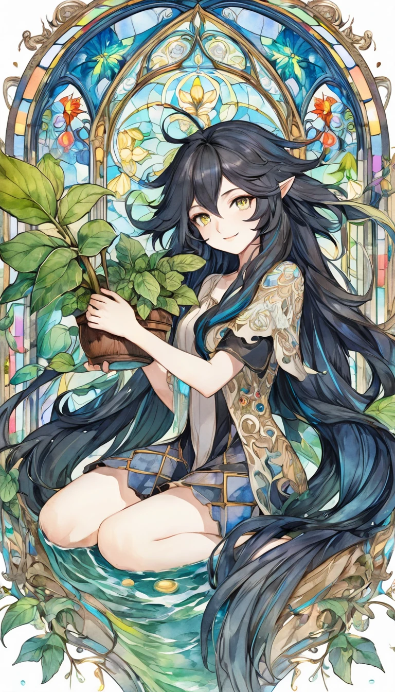 Playing with the tides,Luxray, Split Color Hair, Wind, 舞い散るflowerびら, Stained Glass AI, Decorative, Intricate details, Dukhkova, 2D, Line art, watercolor, ink watercolor, Random color hair, Super long hair, Wavy, One girl,Mandrake,flower, Mandrake,