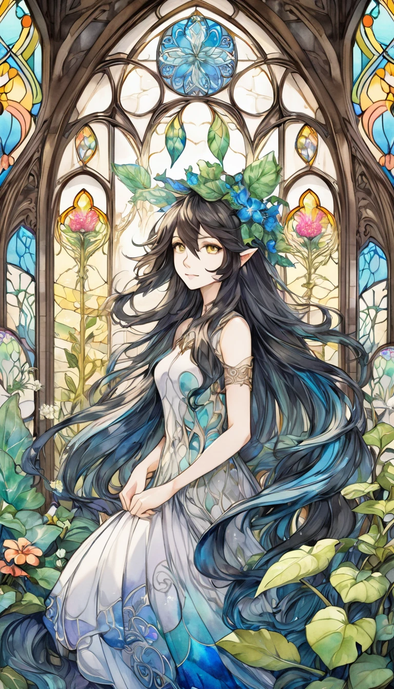 Playing with the tides,Luxray, Split Color Hair, Wind, 舞い散るflowerびら, Stained Glass AI, Decorative, Intricate details, Dukhkova, 2D, Line art, watercolor, ink watercolor, Random color hair, Super long hair, Wavy, One girl,Mandrake,flower, Mandrake,