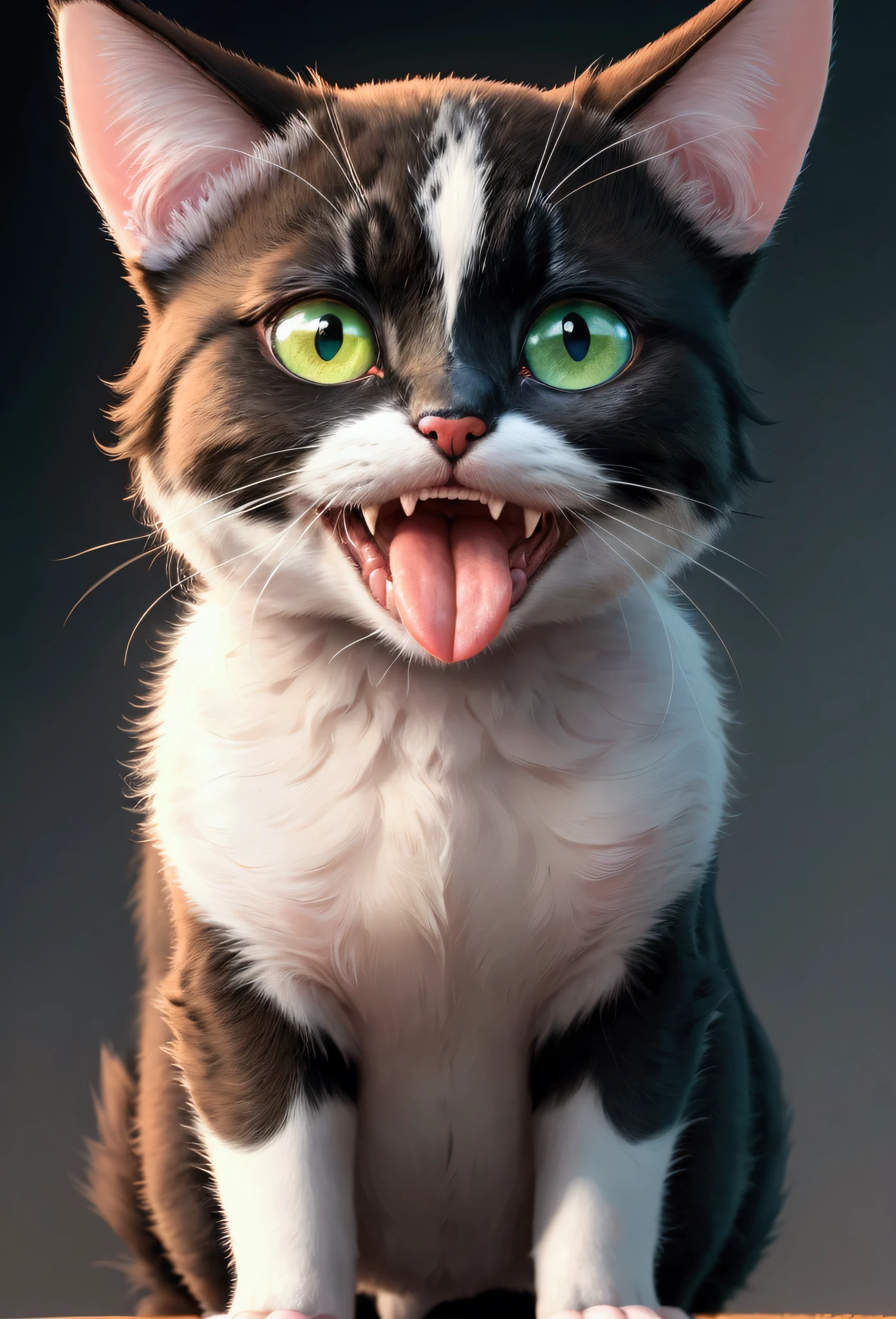 there is a black and white cat with a pink tongue, eyes Green cute furry needs your help, tongue out, beautiful picture of stray, tongue sticking out, markings on his face, a cat is smiling, large eyes and menacing smile, with narrow nose, is looking at the camera, looking towards the camera, licking tongue, smiling cat, the cat is smiling 3d Disney pixar