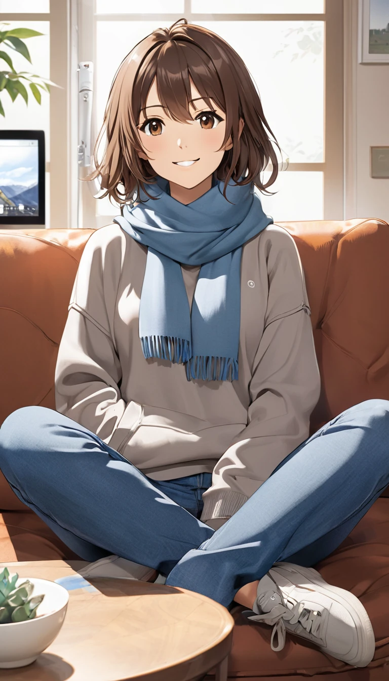 Bell, anime, Brown Hair, Medium chest, Brown eyes, A light smile, jeans, scarf, Grey sweatshirt, Blue pants, Sitting, Sitting cross-legged, Inside the smart home, Sitting on the couch, Shino Asada&#39;s Face, anime Sword Art Online, Highest quality