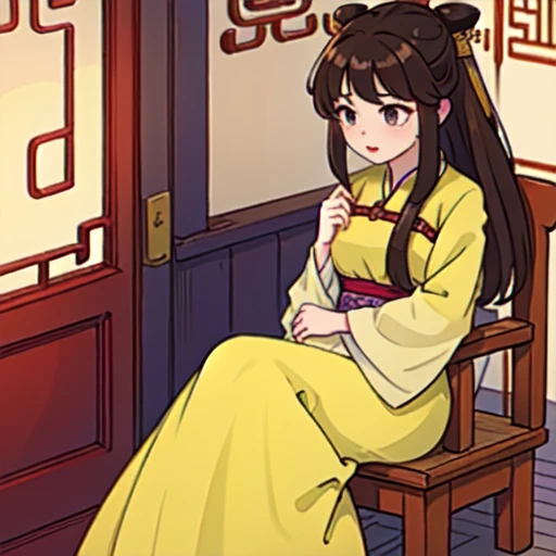 ( Best Quality, ancient china, A girl, pastel yellow chinese long dress), long hair tied in two tomatoes, Brown hair , purple eyes
