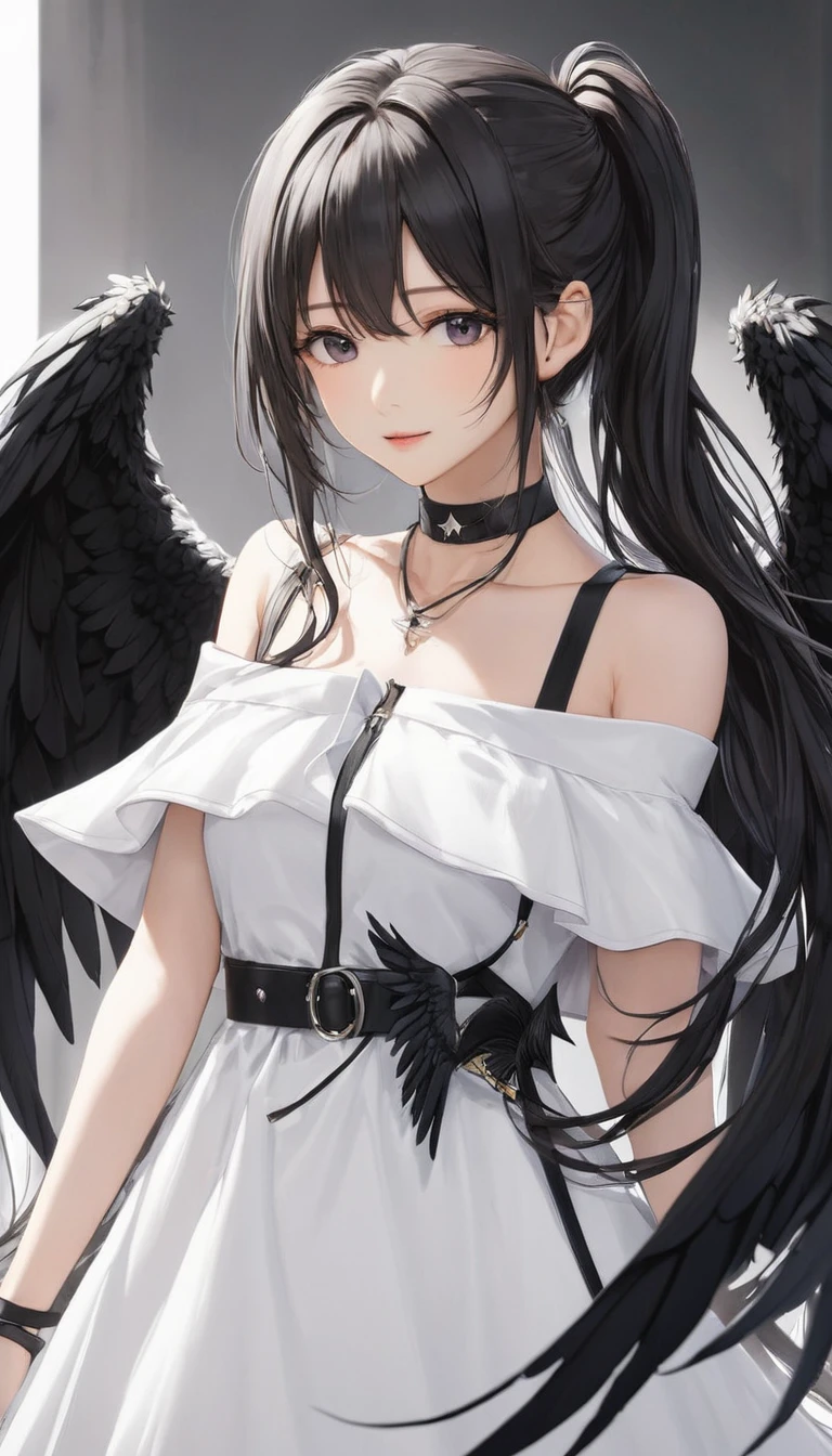 Cowboy Shot, (Black wings:1.2), Very long hair, Side Ponytail, choker, Holding, Off the shoulder, (White Dress:1.3), White jacket,Hello,