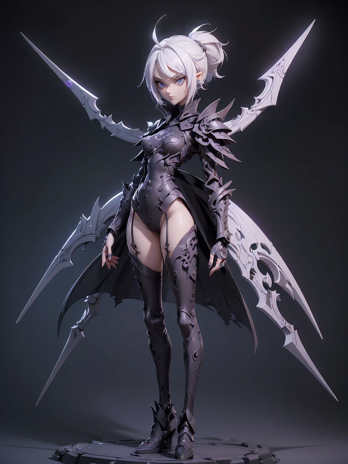 (((masterpiece, best quality, high detailed, 16k))) (1girl) A breathtakingly beautiful young girl with short stylish white hair and piercing eyes. She wears a demonic armor in purple black and white. wields a large stylized scythe. ((full body front view)), (extremely detailed:1.5)
