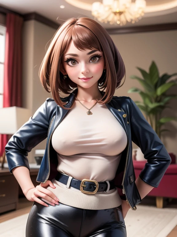 high quality, best quality, beautiful, perfect lighting, detailed face, mature face, ((1girl)), ((solo)), Imagine Ochaco Uraraka as an adult, 45 years old, MILF, plus sized milf, short brown hair, brown eyes, ((blush)), smile, looking at viewer, black leather pants, dark blue shirt, white belt, white heels, ((medium breasts)), wide hips, thick thighs, chubby, love handles, muffin-top, round belly, protruding gut, living room, hands on hips,