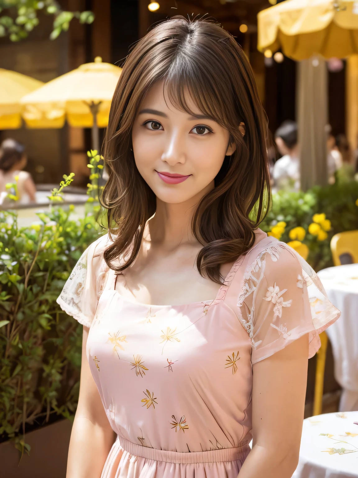 (RAW Photos), (Photo Real), (masterpiece), (Highest quality), High resolution, 8K resolution, (Intricate details), (Volumetric Light), Portraiture, woman, 30 years old, Medium Hair, Layered Hair, Brown Hair, Highly detailed eyes, Very thin eyebrows, Highly detailed skin, Highly detailed mouth, Highly detailed nose, Cute like an idol, smile, ((Pink lipstick)), ((Watching the audience)), (Elegant and transparent, Sbustier short sleeve dress with yellow floral pattern), ((Open cafe terrace background)), ((Bodies facing random directions)),