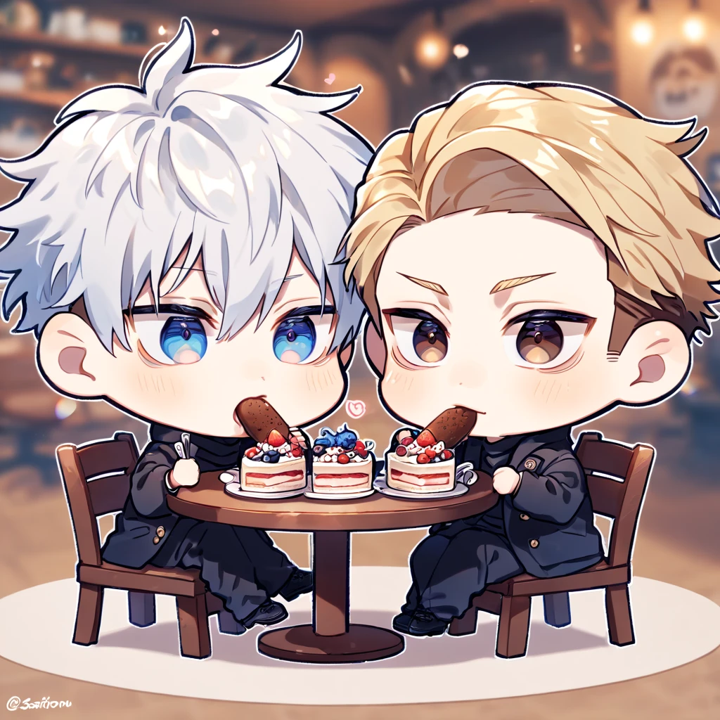 absurdres, highres, ultra detailed, HDR, master piece, best quality, extremely detailed, Nanami Kento chibi, blonde hair, expressive brown eyes, Jujutsu Kaisen, Gojou Satoru chibi, white hair, expressive blue eyes, white eyelashes, two boys sitting together, gay couple, yaoi, cute, black clothes, magical, cafe, table, chairs, eating, cake