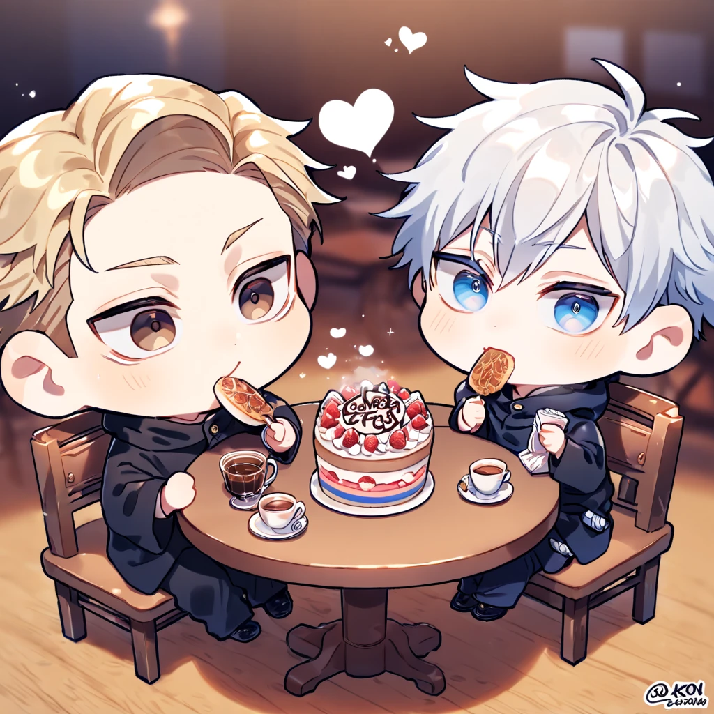 absurdres, highres, ultra detailed, HDR, master piece, best quality, extremely detailed, Nanami Kento chibi, blonde hair, expressive brown eyes, Jujutsu Kaisen, Gojou Satoru chibi, white hair, expressive blue eyes, white eyelashes, two boys sitting together, gay couple, yaoi, cute, black clothes, magical, cafe, table, chairs, eating, cake