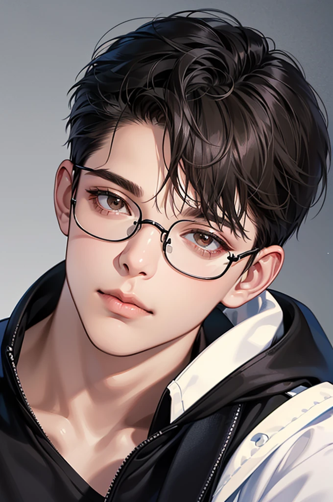 (Absurd, High resolution, Super detailed, Realistic, ), 1 male,mature, alone, Short black hair,  Blue T-shirt,Brown eyes,  (Glasses)，Gazing at the sky, Background is white、Super detailed, Highest quality, Detail view, Vectorized, 8k,  graphic design, Vector line, Full HD，whole body
