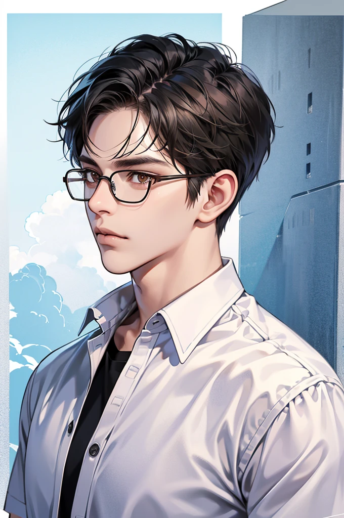 (Absurd, High resolution, Super detailed, Realistic, ), 1 male,mature, alone, Short black hair, Blue T-shirt,Brown eyes, (Glasses),Gazing at the sky, Background is white、Super detailed, Highest quality, Detail view, Vectorized, 8k, graphic design, Vector line, Full HD,whole body