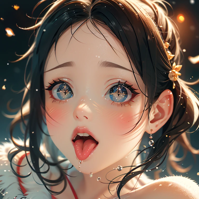ExtremelyDetailed Kawaii girl Face,(Close-up Sweet lips), glossy lips with beautiful details, Coquettish tongue, Kissing to camera, towards the viewer, 8K TopQuality masterpiece,an extremely delicate and beautiful (ProfessionalPhoto:1.37), {Amazing|finely detail|official art|incredibly absurdres},ultra-detailed close-up shot, close up, (fish eye lens), wide lens, macro lens, Detailed reflective Eyes ElaboratePupils with (sparkling highlights:1.28) (Delicate Voluminous LongEyelashes:0.88), {(Tilted face:1.22)|Visible back of throat|saliva drips|naked shoulder}, (Dripping juice on tongue:1.23) snow particles
