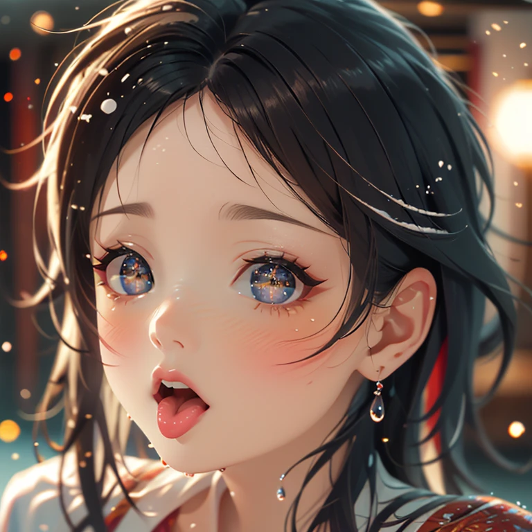 ExtremelyDetailed Kawaii girl Face,(Close-up Sweet lips), glossy lips with beautiful details, Coquettish tongue, Kissing to camera, towards the viewer, 8K TopQuality masterpiece,an extremely delicate and beautiful (ProfessionalPhoto:1.37), {Amazing|finely detail|official art|incredibly absurdres},ultra-detailed close-up shot, close up, (fish eye lens), wide lens, macro lens, Detailed reflective Eyes ElaboratePupils with (sparkling highlights:1.28) (Delicate Voluminous LongEyelashes:0.88), {(Tilted face:1.22)|Visible back of throat|saliva drips|naked shoulder}, (Dripping juice on tongue:1.23) snow particles