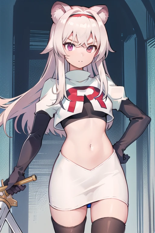 best quality,1girl,normal,cowboy shot,holding sword, team rocket,team rocket uniform,white skirt,red letter R,crop top,black thigh-highs,black elbow gloves