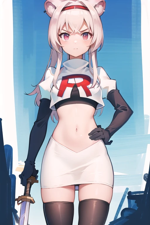 best quality,1girl,normal,cowboy shot,holding sword, team rocket,team rocket uniform,white skirt,red letter R,crop top,black thigh-highs,black elbow gloves