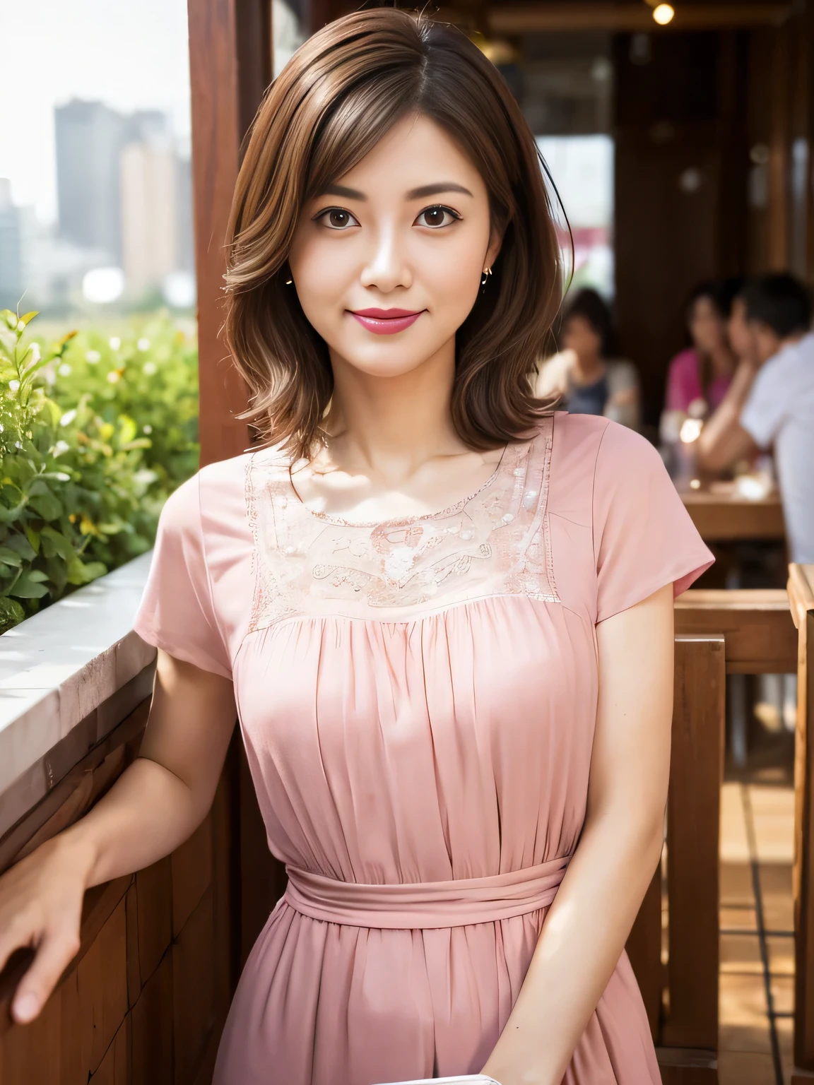 (RAW Photos), (Photo Real), (masterpiece), (Highest quality), High resolution, 8K resolution, (Intricate details), (Volumetric Light), Portraiture, woman, 35 years old, Medium Hair, Layered Hair, Brown Hair, Highly detailed eyes, Very thin eyebrows, Highly detailed skin, Highly detailed mouth, Highly detailed nose, Cute like an idol, smile, ((Pink lipstick)), ((Watching the audience)), (Elegant and transparent, Red sbustier short sleeve dress), ((Urban open cafe terrace background)), ((Bodies facing random directions)),