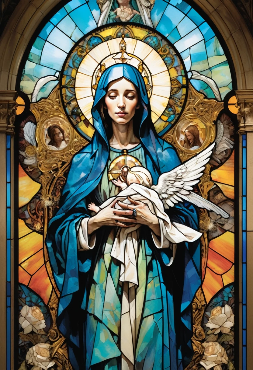Poster,Jim Mahfood,ellen jewett, Very detailed, High Contrast,masterpiece, Stained Glass Background ,Blessed Virgin Mary,Holding an angel,