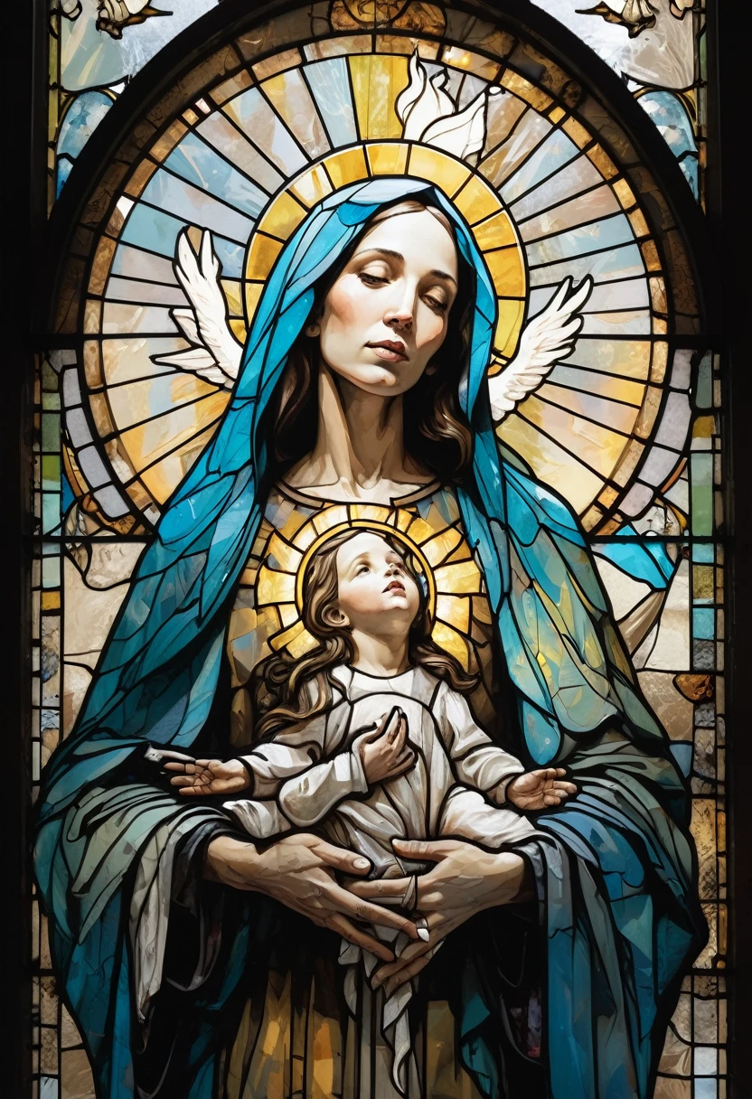 Poster,Jim Mahfood,ellen jewett, Very detailed, High Contrast,masterpiece, Stained Glass Background ,Blessed Virgin Mary,Holding an angel,