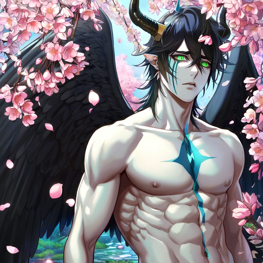 absurdres, highres, ultra detailed, HDR, master piece, Ulquiorra Cifer, black hair, expressive green eyes, pale skin, without shirt, bare chest, toned chest, Bleach, sexy man, handsome, best quality, blossoms, pink petals, pink flowers, fantasy, magical, blue shining fireflies, solo, water, sensual, black wings, black horns,