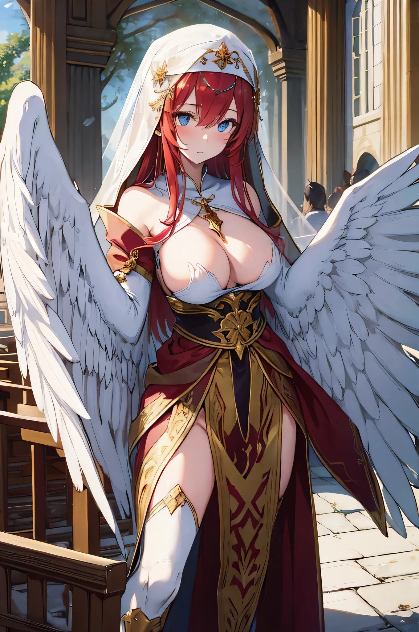 4K,High resolution,One Woman,Harpy,Red Hair,long hair,Blue Eyes,Big Breasts,White Wings,Golden toenails,Nuns,Nunsのドレス,White Veil,Jewelry decoration,Medieval town,In front of the church