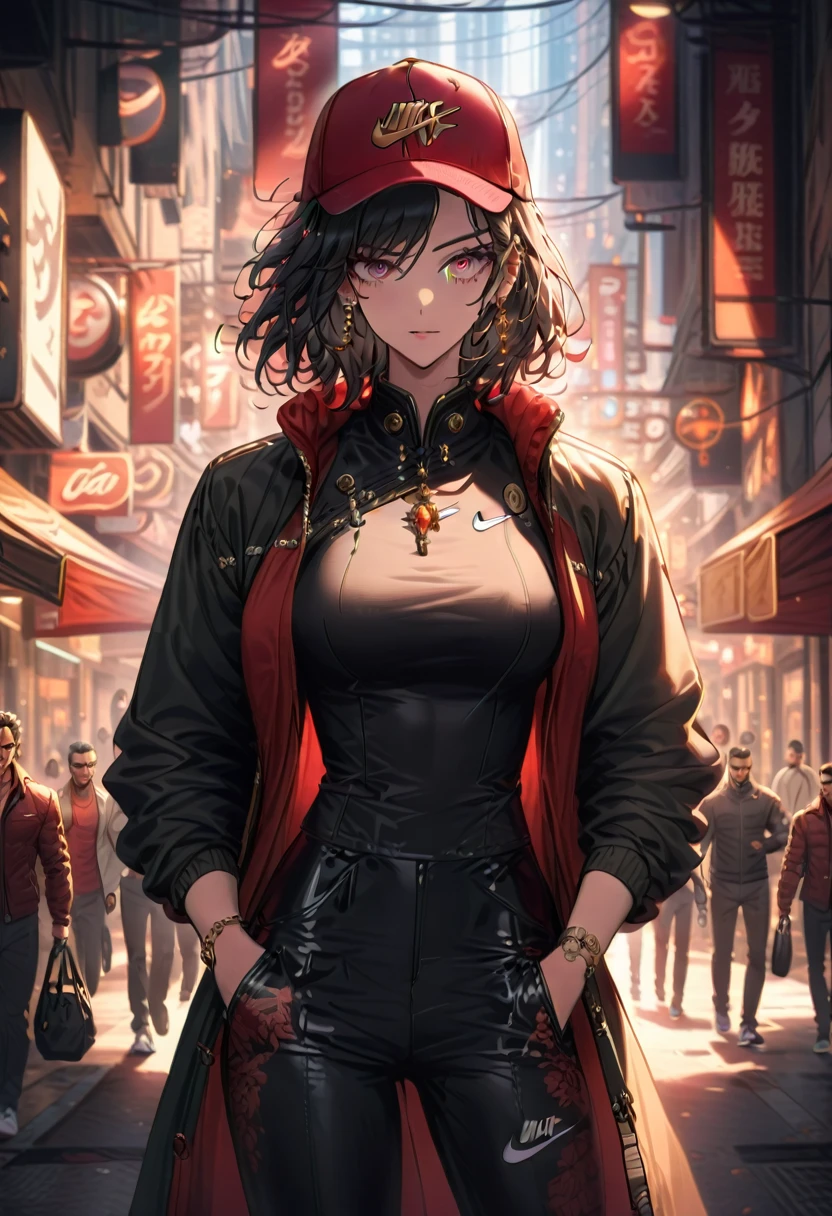 Full of cyberpunk style, solo, chef longs, regardant the spectateur, in the market street, chef noirs, young rouges, nombril, bijoux, jacket, haut du corps, boucles d'oreilles, outdoor vehicles, vent, outdoor jacket, haut court , tatouage, mask, baseball cap, rouge couvre, rouge vest, clairse fermere, créoles, printed with Nike, black latex pants